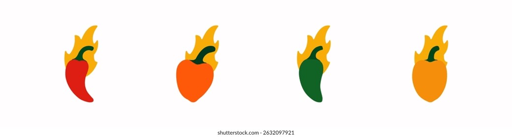 Set de Vector de pimientos picantes. Conjunto de pimientos picantes de Vector. Chiles, jalapeño, habanero, cayena. Conjunto de frutas de Vector. Ilustración vectorial.