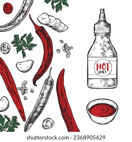 Set of hot peppers in vintage line style. Spicy sauce for chicken. Illustration for a booklet or menu in a restaurant or cafe.