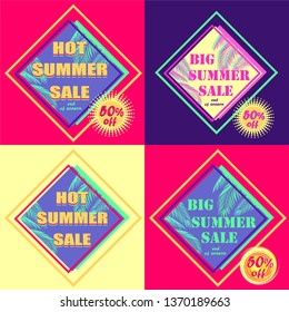 Juego de etiquetas de descuento rosa y violeta caliente para la venta de verano con hojas de palma color menta y con etiquetas amarillas