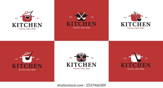 Set of hot pot with ladle for restaurant logo design vector illustration