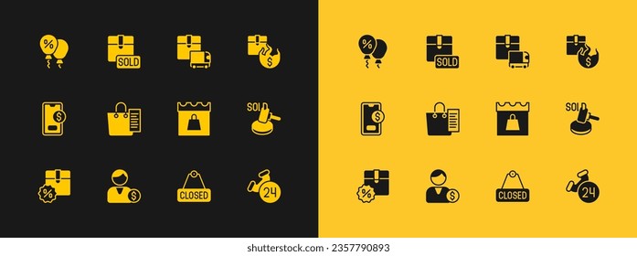 Set Hot price, Buyer, Shopping day, Hanging sign with text Closed, list, Delivery cargo truck, Discount percent tag and Sold icon. Vector