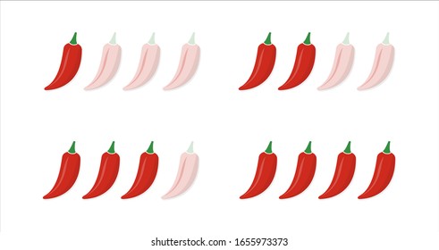 Set of hot red pepper strength scale. Indicator with mild, medium and hot icon positions isolated on white background.