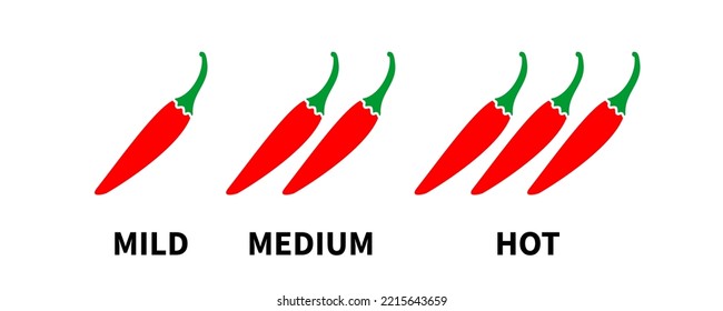 Set of hot red pepper strength scale. Spicy farm food products. Indicator with mild, medium and hot icon positions. Vector illustration