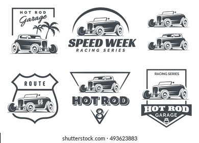 Set of Hot Rod logo, emblems and icons. Roadster and coupe illustration isolated on white background.