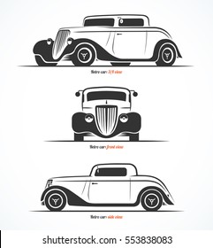 Set of hot rod or vintage custom sports car silhouettes. Front, side and 3/4 view. Vector background.