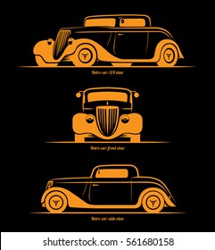 Set of hot rod or vintage custom sports car silhouettes. Front, side and 3/4 view. Vector background