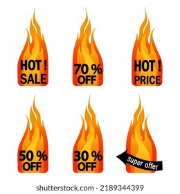 Set with hot sale icons in bright contrast black, white, red colours isolated on white background. Vector illustration in flat cartoon style. Fire design label with text. Special offer banners