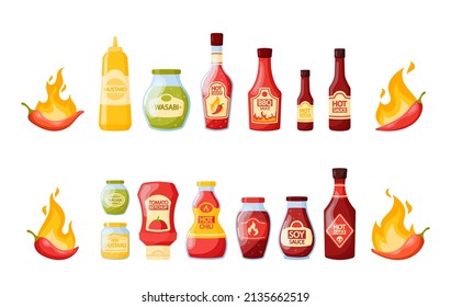 Set of Hot Sauces in Jars and Bottles, Savory Condiments with Spice Chilli or Jalapeno Ingredients. Red Chili Pepper in Fire, Wasabi, Mustard in Tube, Bbq or Soy Sauce. Cartoon Vector Illustration