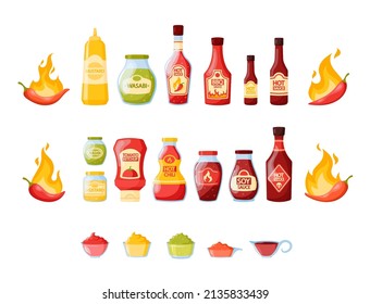 Set Of Hot Sauces In Jars, Bottles, Bowls, Red Chili Pepper In Fire, Wasabi, Mustard In Tube, Bbq Or Soy Sauce. Savory Condiments With Spice Chilli Or Jalapeno Ingredients. Cartoon Vector Illustration