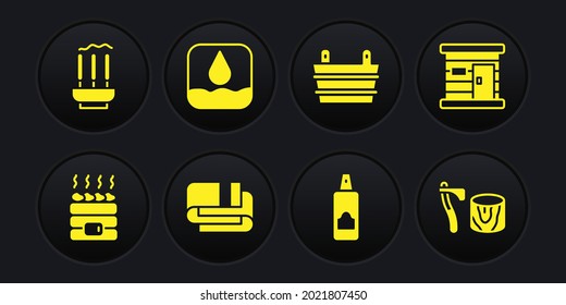 Set Hot sauna stones, Sauna wooden bathhouse, Towel stack, Spray can for hairspray, bucket, Water drop, Wooden axe in stump and Incense sticks icon. Vector