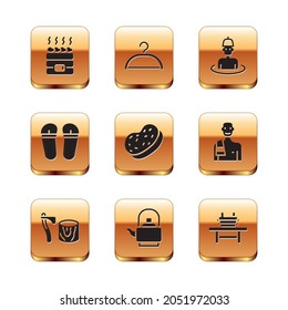 Set Hot sauna stones, Wooden axe in stump, Kettle with handle, Bath sponge, Flip flops, Man the, Sauna bench bucket and Hanger wardrobe icon. Vector