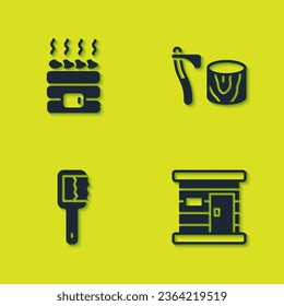Set Hot sauna stones, Sauna wooden bathhouse, brush and Wooden axe in stump icon. Vector