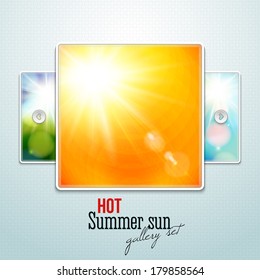 Set of hot shining sun with lens flare. Web slider stylization. Vector illustration.