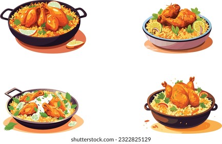 conjunto de pollo biryani picante y picante con trozos tostados e ilustración de limón sobre fondo blanco aislado