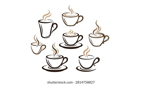 Set of hot steaming coffee cups with hand drawn ink sketch style for cafe menu and stationery