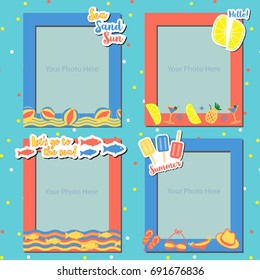 A set of hot Summer photo frames for scrapbook, gift, paper, card, craft items in pattern and bikini, sandals, ball, fish with orange, pink, yellow color and lemon, lime, on blue color background.