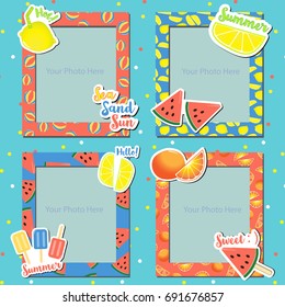 A set of hot Summer photo frames for scrapbook, gift, paper, card, craft items in pattern with orange, pink-red watermelon, yellow color and ball, lemon, lime, on bright blue color background.