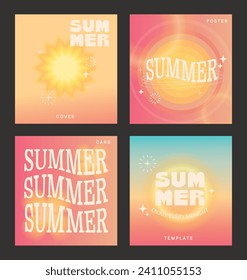 Afiches calientes de verano. Sol brillante en un fondo cálido. Plantilla para su diseño, web, publicidad, promoción. Banner vintage, estilo retro, color suave. Ilustración vectorial del sol diurno del desierto.