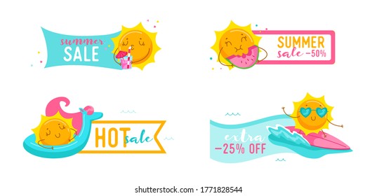 Set of Hot Summer Sale Banners with Cute Cartoon Sun Surfing on Sea Wave, Drink Cocktail, Eat Watermelon, Float Mattress. Kawaii Personage Summertime Activity, Shop Discount Offer. Vector Illustration