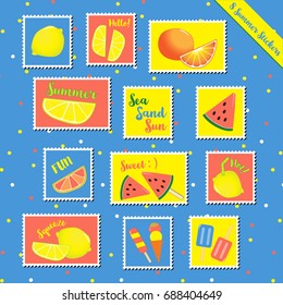 Set of hot summer stamps items cute gift and scrapbook paper craft with watermelon, lime, lemon, orange, ice-cream, Popsicle, fresh fruit colorful fun on the sea sand beach.