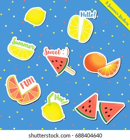 Set of hot summer sticker items cute gift and scrapbook paper craft with watermelon, lime, lemon, orange, Popsicle, fresh fruit colorful fun on the sea sand beach.
