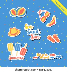Set of hot summer sticker items cute gift and scrapbook paper craft with hat, bikini, ball, fish, sandal, ice-cream, Popsicle, colorful fun on the sea sand beach.