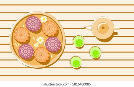 set of hot tea and mooncake on table, vector illustration
