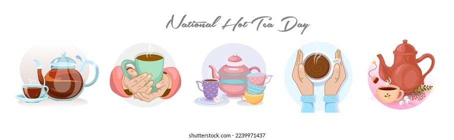 Set of hot tea on white background. International Hot Tea Day