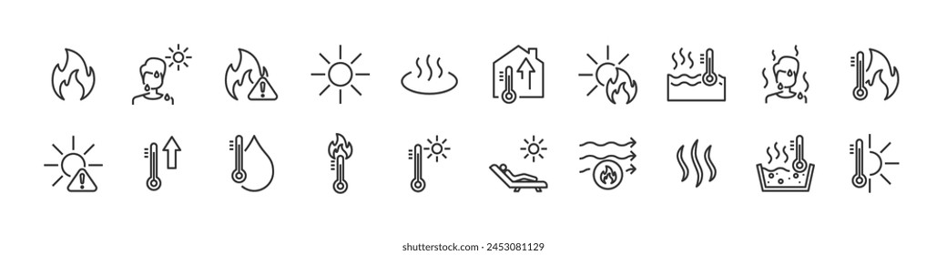 set of hot temperature icons, fire, heat, sun