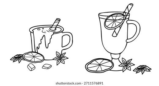 Conjunto de Navidades calientes de bebidas de invierno. Taza de chocolate caliente con barras de chocolate y vino caliente o copa de gluten. Vector Dibujado a mano ilustración en estilo Doodle. Perfecto para tarjetas Festiva