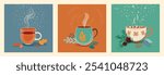 A set of hot winter drinks. Hot chocolate, coffee with cream, cocoa with marshmallows. Cozy winter design