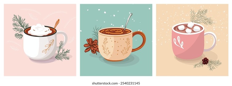 A set of hot winter drinks. Hot chocolate, coffee with cream, cocoa with marshmallows. Cozy winter design