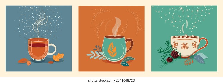 A set of hot winter drinks. Hot chocolate, coffee with cream, cocoa with marshmallows. Cozy winter design