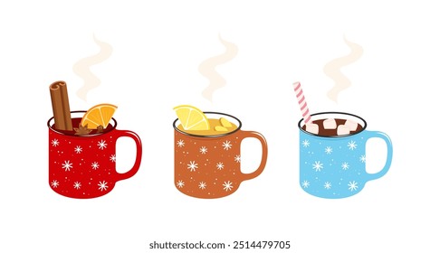 Set of hot winter drinks. Cup of mulled wine, cup of lemon ginger tea and cup of hot chocolate, isolated on a white background. Flat vector illustartion