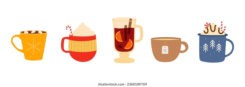 Set of hot winter drinks. Cups with warm drinks. Vector illustration