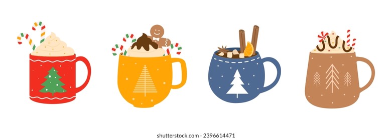 Set of hot winter drinks. Cups with warm drinks. Vector illustration