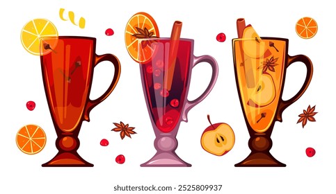 A set of hot winter drinks. Mulled wine, grog, apple punch. Warm seasonal winter drink. Vector illustration.