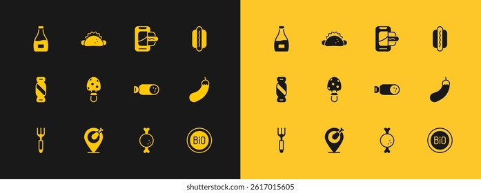 Set Hotdog, Chicken leg, Salami sausage, Fly agaric mushroom, Food ordering on mobile, Sauce bottle and Taco with tortilla icon. Vector