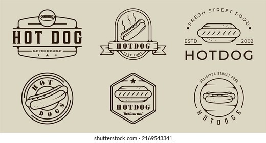 set of hotdog line art vector illustration template icon graphic design. bundle collection of various hotdogs street and fast food sign or symbol for business restaurant and cafe with badge