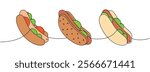 Set of hotdog one line colored continuous drawing. American street fast food. Vector linear illustration.