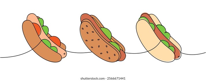 Set of hotdog one line colored continuous drawing. American street fast food. Vector linear illustration.