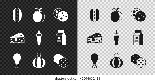 Set Hotdog, Plum fruit, Cookie with chocolate, Chicken leg, Onion, Cracker biscuit, Cheese and chili pepper icon. Vector