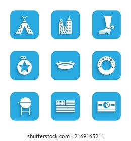 Set Hotdog sandwich, American flag, Stacks paper money cash, Donut, Barbecue grill, Canteen water bottle, Cowboy boot and Indian teepee or wigwam icon. Vector