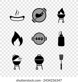 Juego de sándwich Hotdog, parrilla de barbacoa con bistec, espátula, llama de fuego e icono. Vector