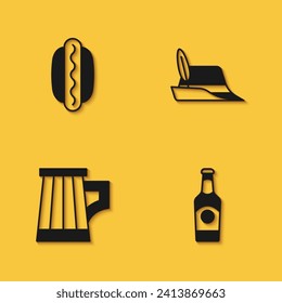 Set Hotdog sandwich, Beer bottle, Wooden beer mug and Oktoberfest hat icon with long shadow. Vector