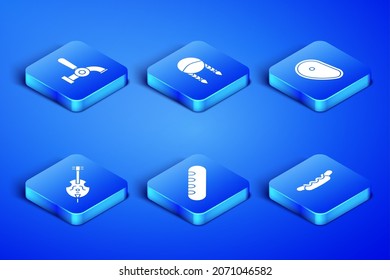 Set Hotdog sandwich, Beer tap, French baguette bread, Violin, Braid and Steak meat icon. Vector
