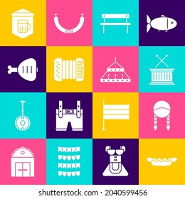 Set Hotdog sandwich, Braid, Musical drum sticks, Bench, Accordion, Chicken leg, Signboard with glass of beer and Massive steel chandelier icon. Vector