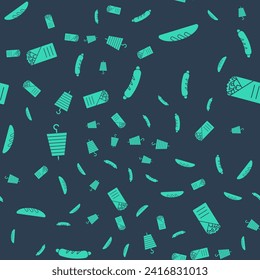 Set Hotdog sandwich, Bread loaf, Grilled shish kebab and Doner kebab on seamless pattern. Vector