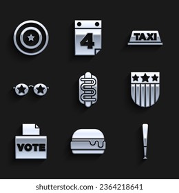 Set Hotdog sandwich, Burger, Baseball bat, Shield with stars, Vote box, Glasses, Taxi car roof and American shield icon. Vector