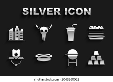 Set Hotdog sandwich, Burger, Gold bars, Barbecue grill, Western cowboy hat, Paper glass with straw, City landscape and Buffalo skull icon. Vector